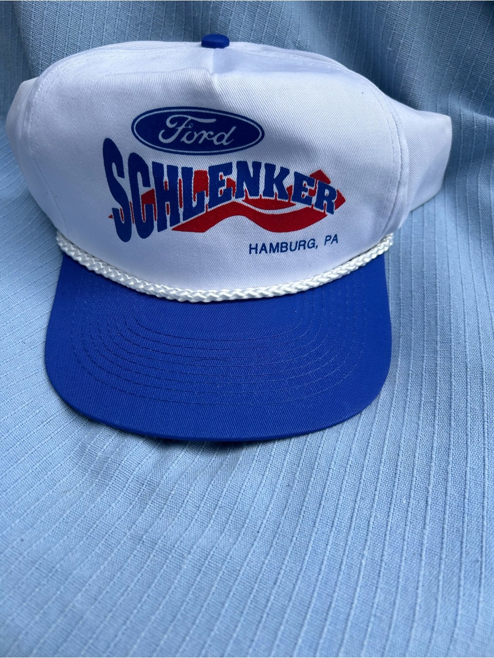 👻5/$13- Ford Schlenker White and Blue Rope-Trim Trucker Hat